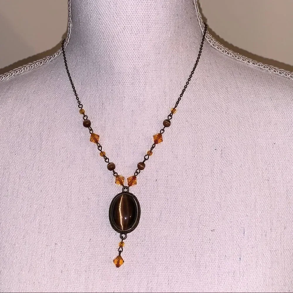 Pair of Brown Tigers Eye Jeweled beaded and silver tone Necklaces.